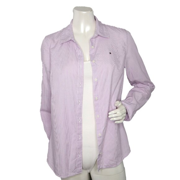 Tommy Hilfiger Pin Striped Cotton Button Down Shirt Classic Office Pink Purple - Picture 10 of 11